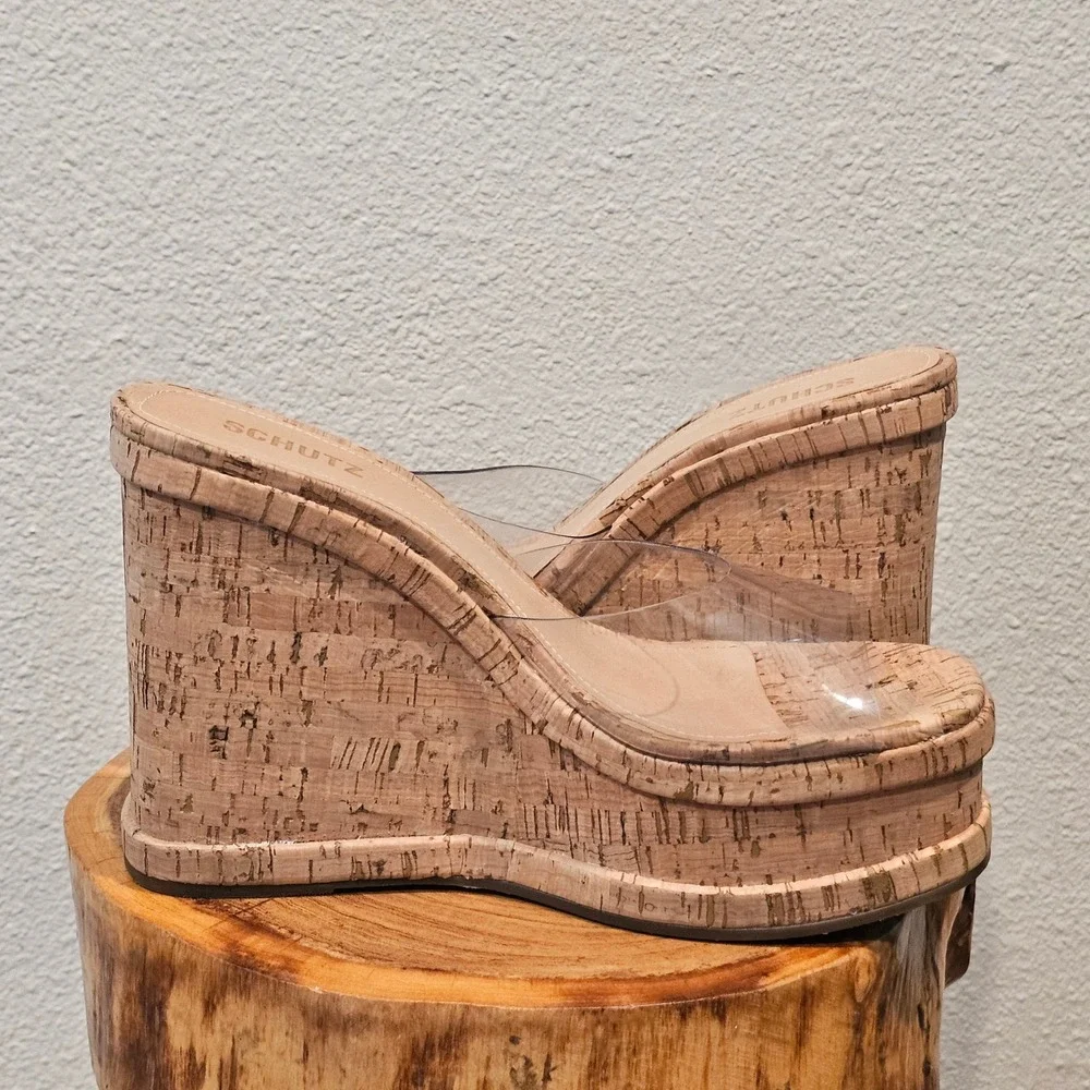 Schutz Cork Platform Wedge Sandals Clear Vinyl Strap Mules Tan Beige Size 10B‎